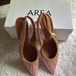 AREA Pink and Gold Heels with Woven Detail